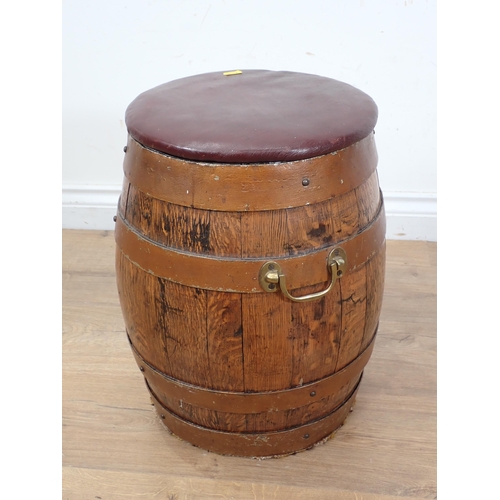 472 - A coopered oak Barrel Stool with leather seat 1ft 5in H