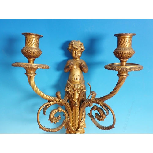 502 - A pair of antique gilded metal two branch Wall Lights with putti, leafage and ribbon design