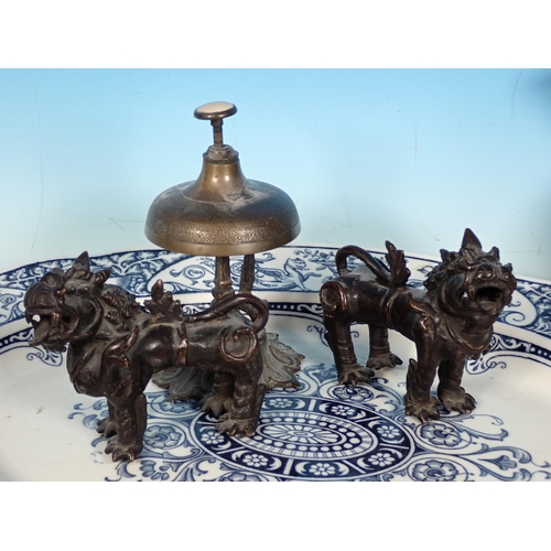 354 - A pair of Chinese bronze Kylins, a salt Hod, Bell, Water Ewer and a Meat Plate