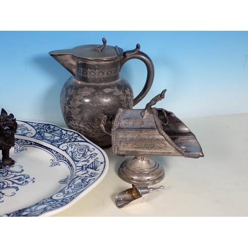 354 - A pair of Chinese bronze Kylins, a salt Hod, Bell, Water Ewer and a Meat Plate