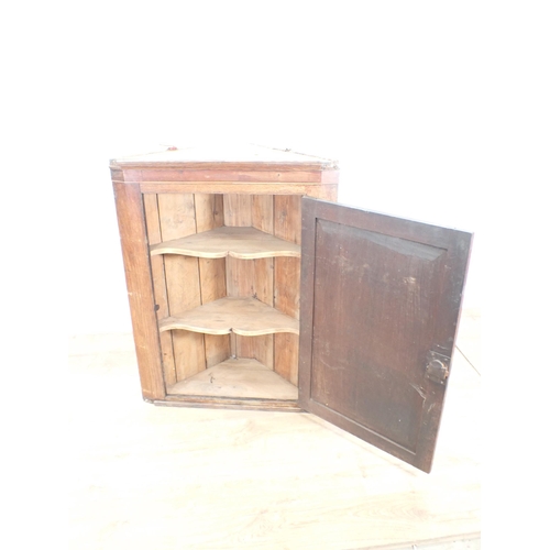 62 - A Georgian oak and shell inlaid hanging Corner Cupboard A/F 3ft H x 2ft 4in W