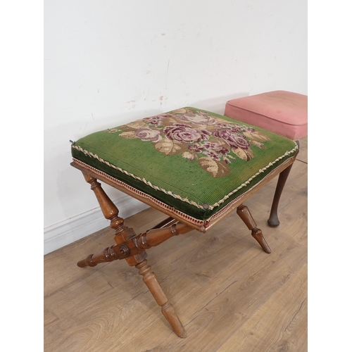 272 - A 19th Century walnut X-framed Stool with green tapestry rose seat and another Stool on cabriole sup... 