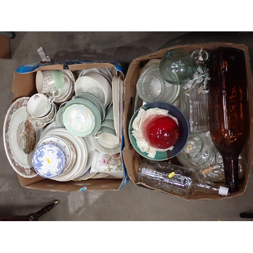 352 - Two boxes of glass bottles, jars Vase, Teaware etc.