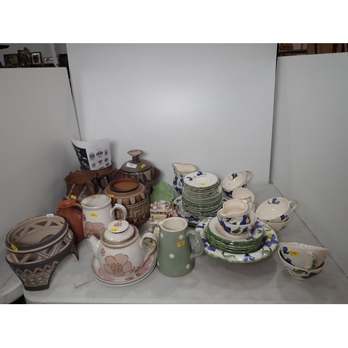 372 - A suzanne katkhuda pottery part Breakfast Set pottery hare figurines, pottery Jugs, Bowls, etc