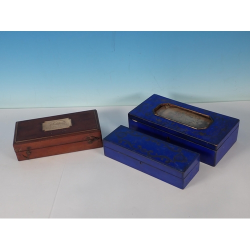 10 - Two antique blue lacquered Boxes A/F and a Sykes Hydrometer A/F