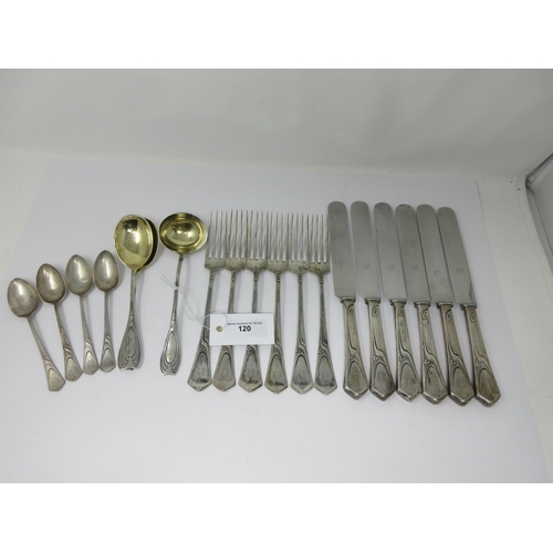 120 - Six Austrian silver Dinner Forks, six matching Knives, four Teaspoons, a pair of Servers and Ladle, ... 