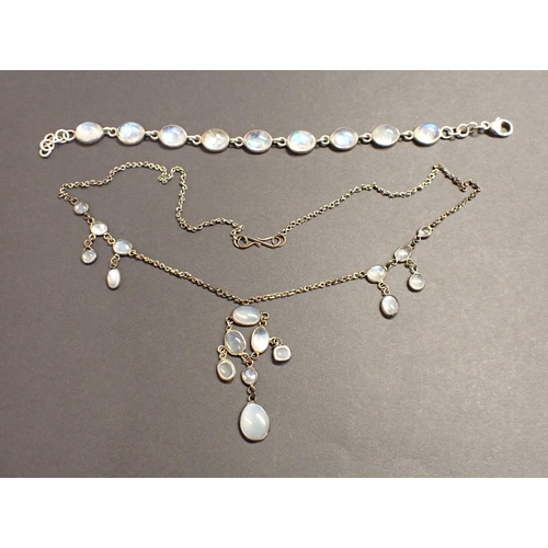 189 - A Moonstone Necklace in white metal and a Bracelet stamped 925 set moonstone cabochons