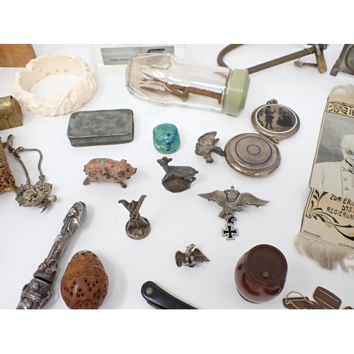 207 - A set of metal Weights, carved ivory miniature Skittle Game, Cigarette Holders, Trinket Box etc