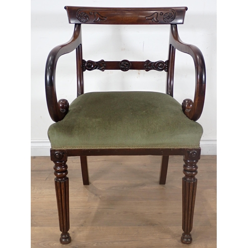 276 - A Regency mahogany bar-back Elbow Chair with scroll arms mounted on fluted tapering front supports