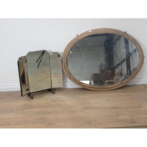 280 - A large old pine framed oval Wall Mirror 3ft 11in x 2ft 10in and a triptych Dressing Mirror