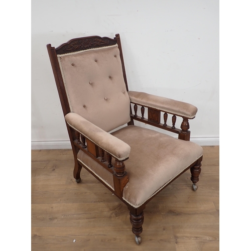 290 - A Victorian walnut framed pink upholstered button back Armchair, four Dining Chairs (one needing uph... 