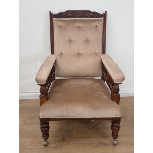 290 - A Victorian walnut framed pink upholstered button back Armchair, four Dining Chairs (one needing uph... 