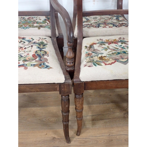 303 - A set of 19th Century mahogany bar-back Dining Chairs on ring turned front supports including one ca... 