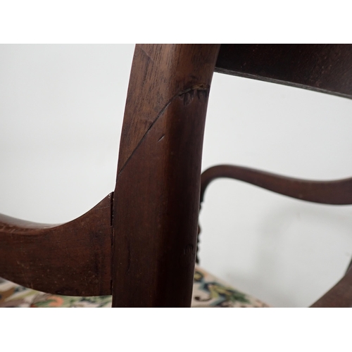 303 - A set of 19th Century mahogany bar-back Dining Chairs on ring turned front supports including one ca... 