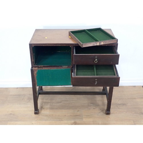 319 - A mahogany Canteen Table fitted fall front cupboard and two baise lined drawers 2ft 11in H x 2ft 10i... 