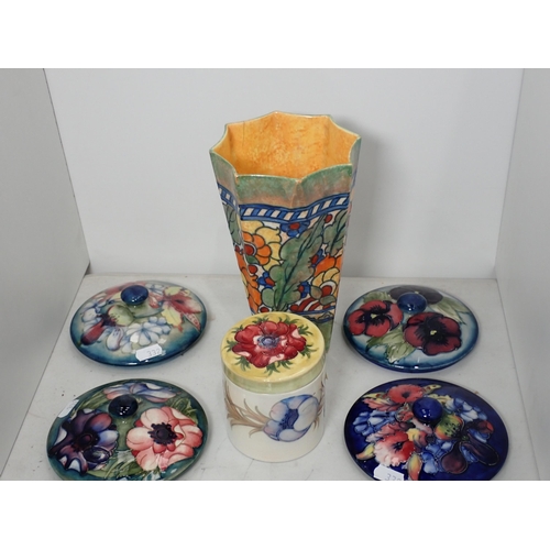 332 - A quantity of Moorcroft Lids, a Moorcroft lidded Jar A/F and a Charlotte Rhead Crown Ducal Vase A/F