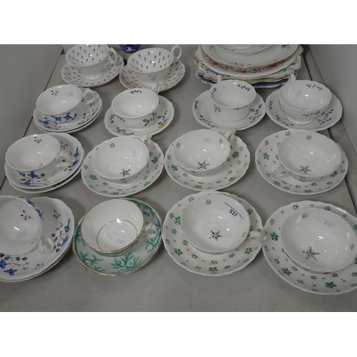 337 - A collection of 19th Century English china Cups, Saucers, Milk Jug and Dessert Plates with floral de... 