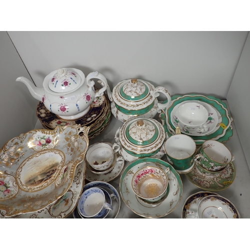 339 - A quantity of 19th Century green and gilt, rich blue and gilt and blue and white Tea Wares A/F