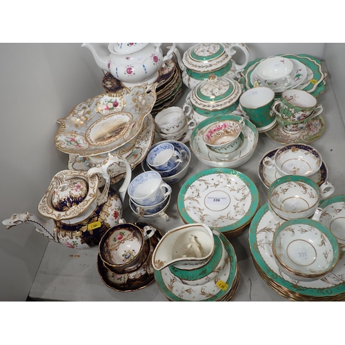 339 - A quantity of 19th Century green and gilt, rich blue and gilt and blue and white Tea Wares A/F