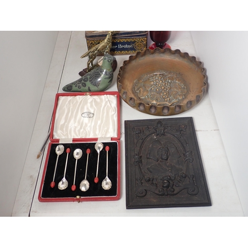 361 - A cast metal Plaque depicting the bust of a woman, a plated Bowl with relief grape design, brass Set... 