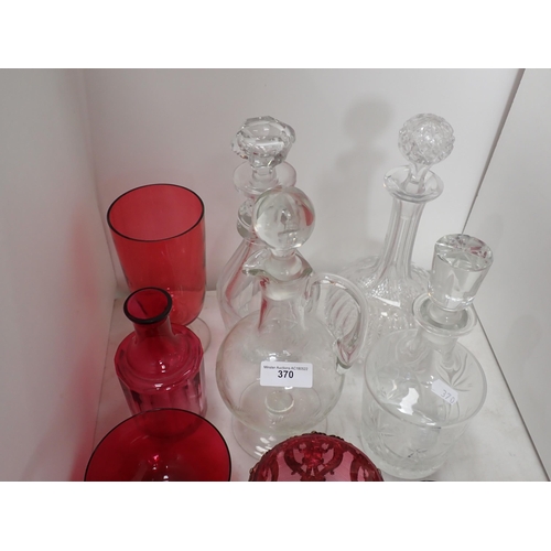 370 - A cranberry glass Jug, Bowl, Bottle and Vase, three Decanters, gilded metal mounted Bowl, etc.