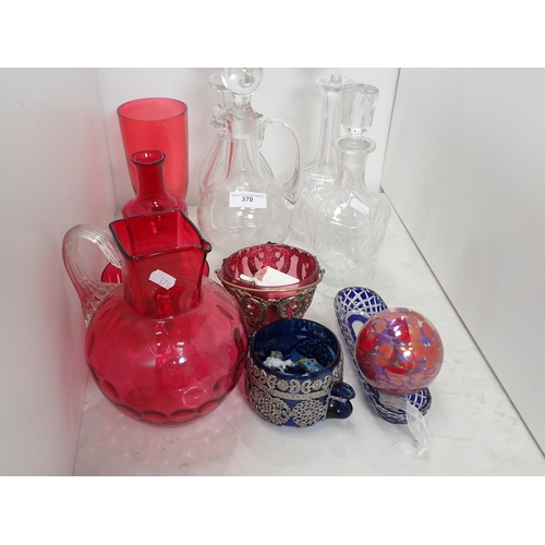 370 - A cranberry glass Jug, Bowl, Bottle and Vase, three Decanters, gilded metal mounted Bowl, etc.