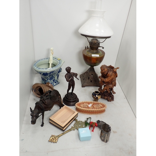 373 - A brass Orthodox Cross, Costume Jewellery, carved wooden Sage, Oil Lamp, bronze Figure of a boy play... 