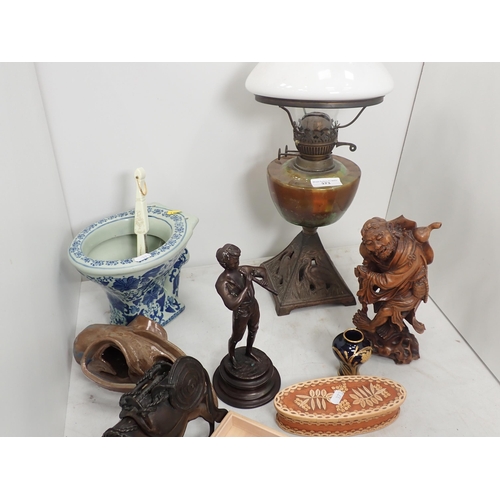 373 - A brass Orthodox Cross, Costume Jewellery, carved wooden Sage, Oil Lamp, bronze Figure of a boy play... 