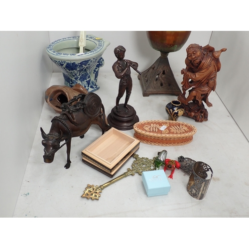 373 - A brass Orthodox Cross, Costume Jewellery, carved wooden Sage, Oil Lamp, bronze Figure of a boy play... 