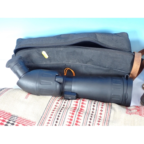 4 - A pair of Aitchison Binoculars, Optus Telescope and an embroidered Wall Hanging