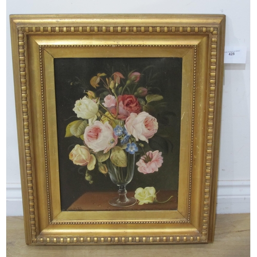 428 - C.M.  A Still Life of Roses in a glass vase on a ledge, signed with initials and dated 85, oil on ca... 