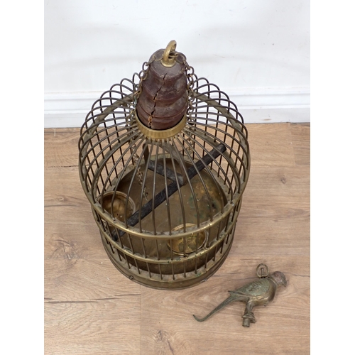 52 - An antique brass Bird Cage and a brass Bird Figure