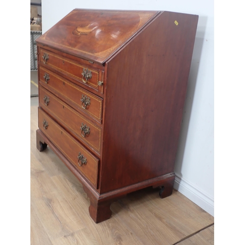 90 - A 19th Century mahogany and inlaid Bureau with fitted interior over four graduated drawers mounted o... 