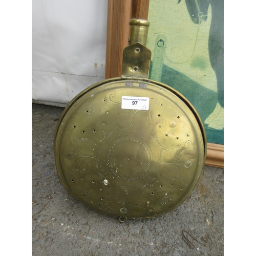 97 - An antique brass Warming Pan with turned ash handle, and a Print of a Horse