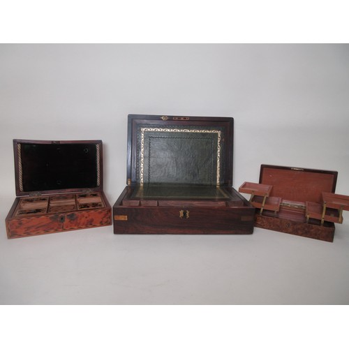 225 - A 19th Century rosewood Writing Box, 14in a tortoishell Work Box fitted compartments, 9 1/2 in and a... 