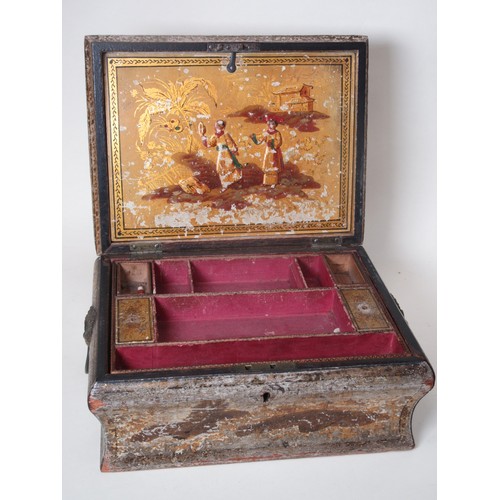 227 - A chinoiserie lacquered Work Box with hinged cover, brass ring handles and fitted tray to the interi... 