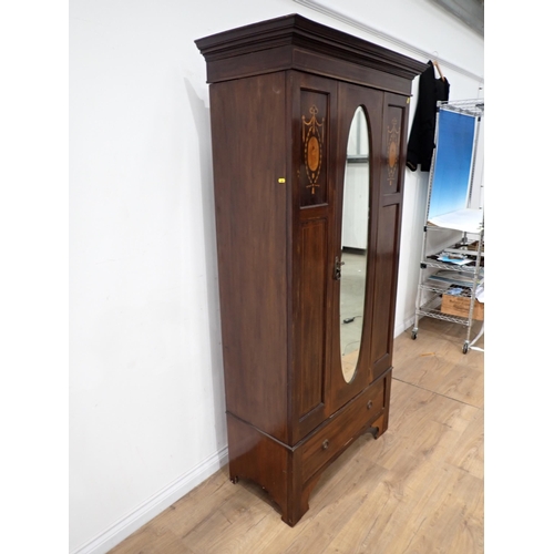 211 - An Edwardian mahogany and inlaid mirror door Wardrobe fitted single drawer 6ft 4in H x 3ft 4in W