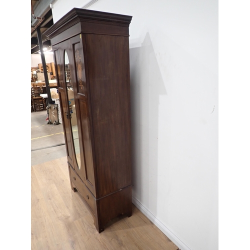 211 - An Edwardian mahogany and inlaid mirror door Wardrobe fitted single drawer 6ft 4in H x 3ft 4in W