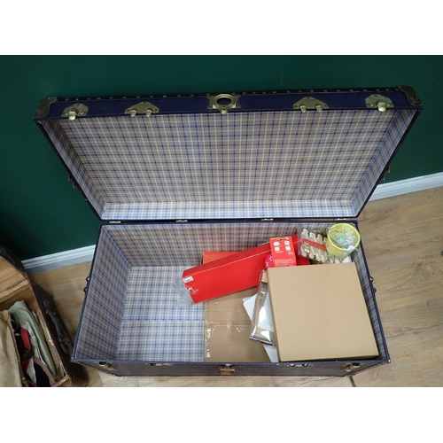 589 - A large blue hard Travel Trunk and a wooden bound Luggage Case