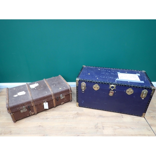 589 - A large blue hard Travel Trunk and a wooden bound Luggage Case