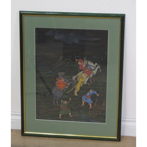 422a - INDIAN SCHOOL, TWENTIETH CENTURY, Tiger Hunting, gouache on silk, 20 x 15in; and a small selection o... 