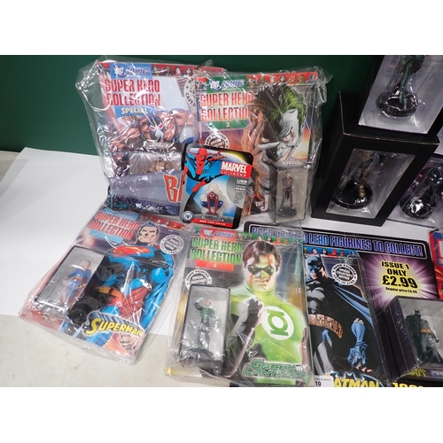 10 - Seven unopened Marvel and DC Comic Magazines with Figures and six boxed Marvel Figures