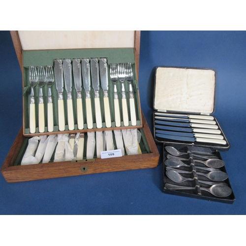 109 - One dozen plated Fish Knives and Forks, six Tea Knives and six Ice Cream Spoons, all cased