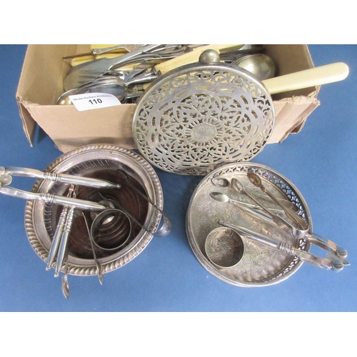 110 - Two plated Coasters, circular Kettle Stand, Napkin Rings, Sugar Tongs, Nut Crackers, Basting Spoons ... 