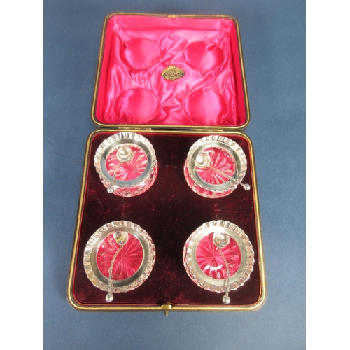 111 - Four Victorian silver rimmed cut glass Salts, Birmingham 1899, and four Spoons, Birmingham 1898, in ... 