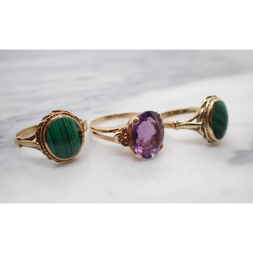 171 - Two Malachite Dress Rings, ring size P and another set purple stone, ring size P 1/2