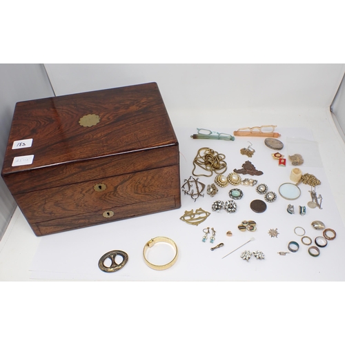 183 - A 19th Century rosewood Workbox with fitted interior containing Costume Jewellery