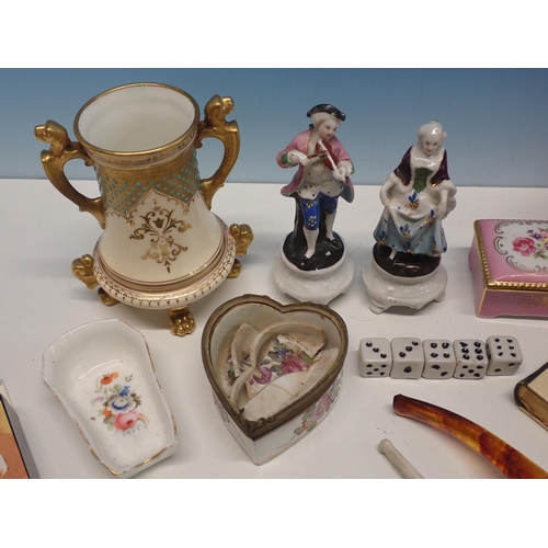 194 - A box including Coalport two handled Vase, Trinket Boxes, ceramic Dice, pair of Figurines, miniature... 