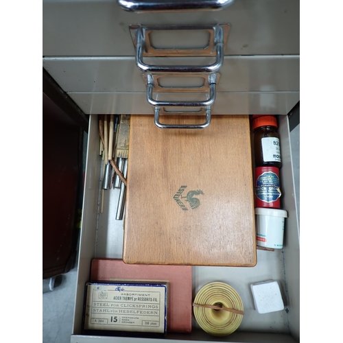 197 - A metal Cabinet and a Luggage Case of Watchmaker's Parts