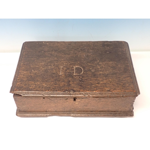 203 - An early 18th Century oak Deed's Box with ovule moulded hinged top carved with initials I.D. 1ft 2in... 